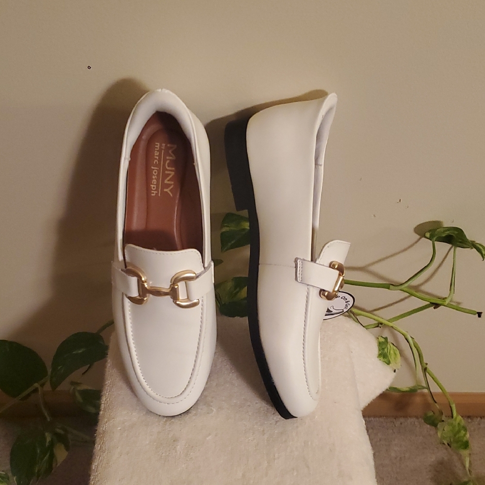 Marc Joseph White Loafers with Gold Accent